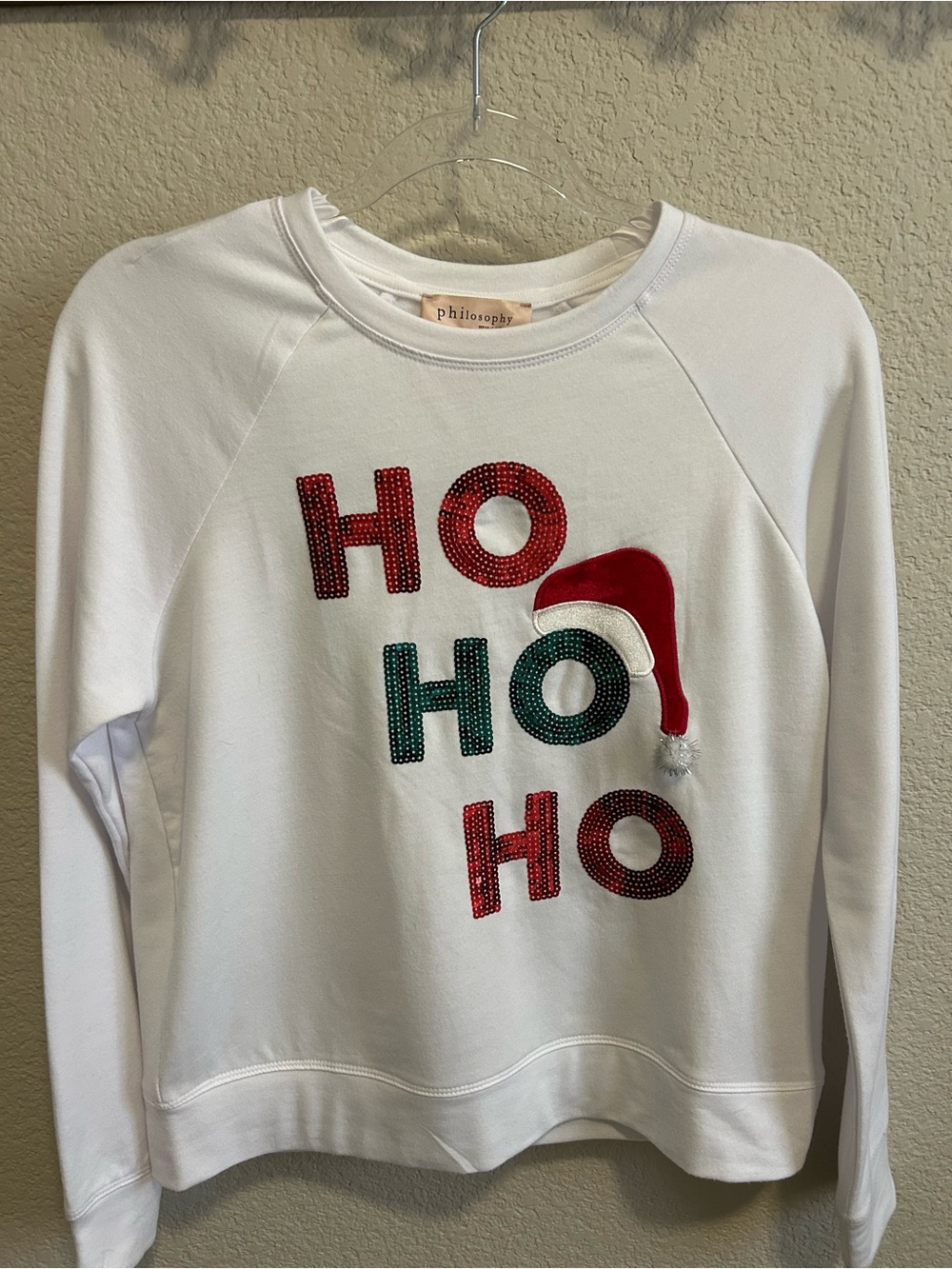 Philosophy White Sweatshirt with Red & Green 'HO HO HO' Rhinestones